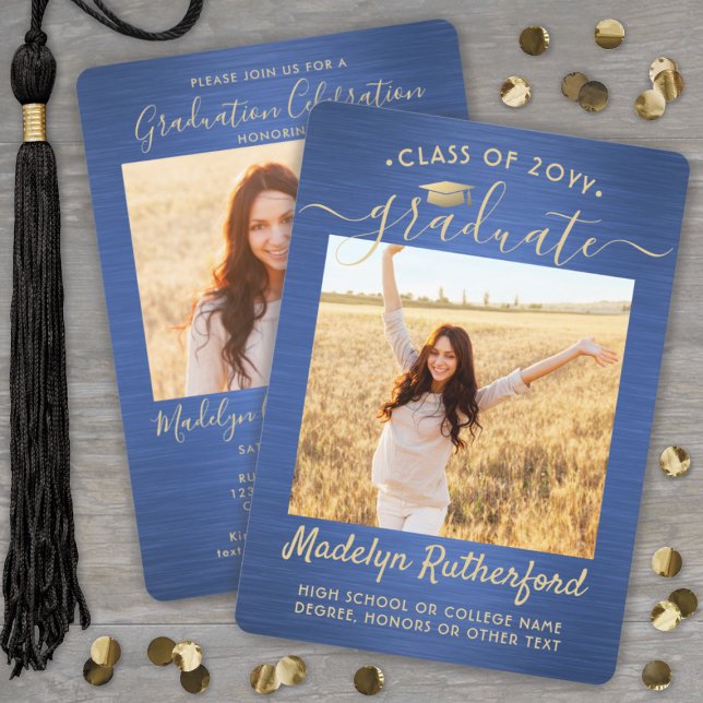 2 Photo Graduation Modern Script Brushed Blue Gold Invitation (Creator Uploaded)