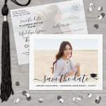 2 Photo Graduation Modern Script Save the Date Announcement Postcard<br><div class="desc">Announce the joyful news of an upcoming graduation party with chic modern 2 photo save the date postcard invitations. The wording on this template is simple to personalize with the graduate's name, class year and other announcement details. The colors, font styles and overlay opacity can be easily customized with the...</div>