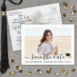 2 Photo Graduation Modern Script Save the Date Announcement Postcard<br><div class="desc">Share the joyful news of your upcoming graduation party as well as 2 pictures with these simple modern minimalist save the date postcard invitations. All photos and text are simple to customize to include graduate name, class year, school, and other event details. (IMAGE PLACEMENT TIP: An easy way to center...</div>