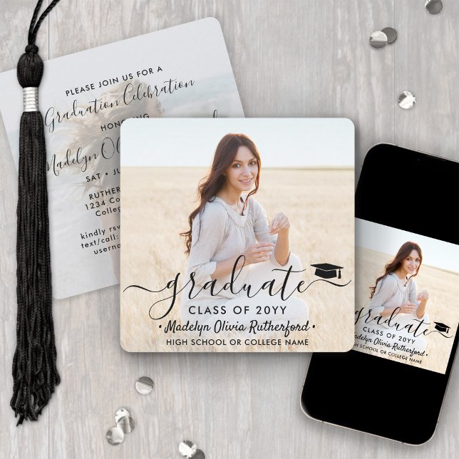 2 Photo Graduation Modern Simple Script Square Invitation (Creator Uploaded)