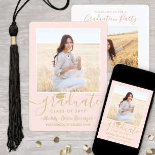 2 Photo Graduation Party Blush Pink & Gold Script Invitation