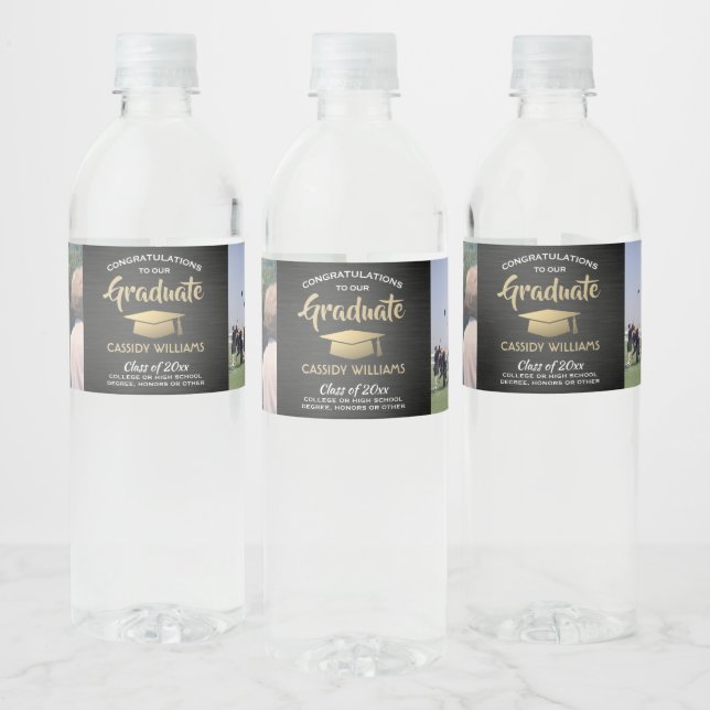 2 Photo Graduation Party Brushed Black Gold White Water Bottle Label (Bottles)