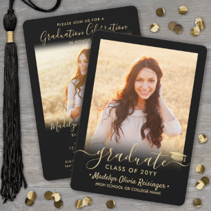 2 Photo Graduation Party Elegant Black and Gold Invitation
