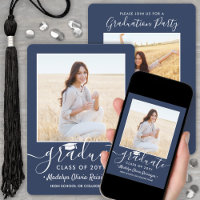 2 Photo Graduation Party Navy Blue & White Script