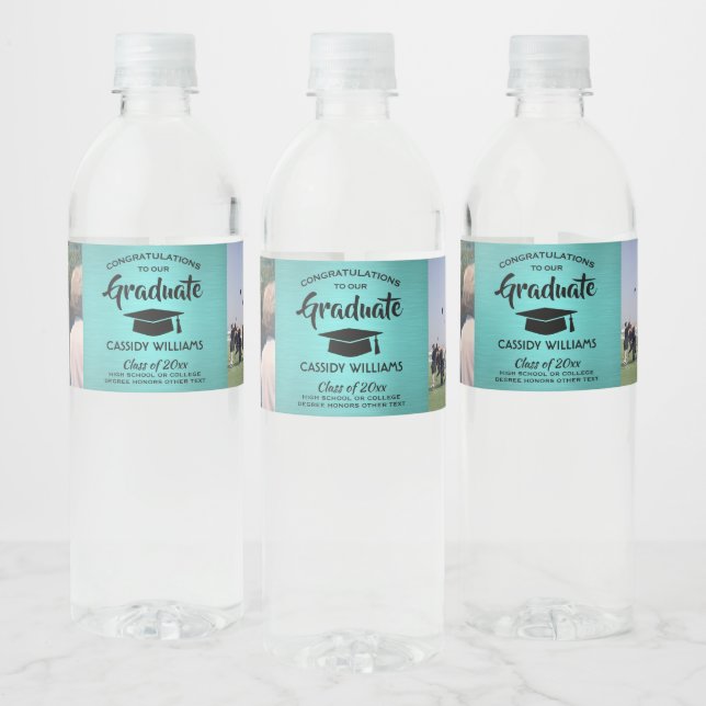 2 Photo Graduation Party Trendy Brushed Teal Blue Water Bottle Label (Bottles)