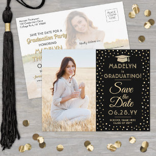 2 Photo Graduation Save the Date Black and Gold Announcement Postcard