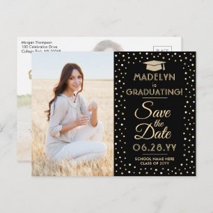 2 Photo Graduation Save the Date Black and Gold Announcement Postcard