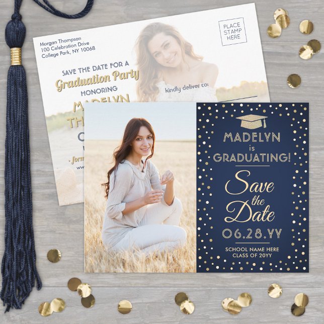 2 Photo Graduation Save the Date Navy Blue & Gold Announcement Postcard (Creator Uploaded)