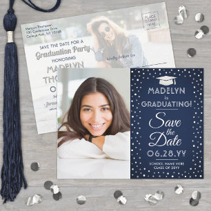 2 Photo Graduation Save the Date Navy Blue & White Announcement Postcard
