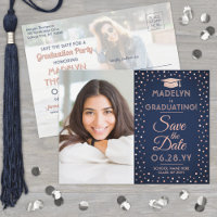 2 Photo Graduation Save the Date Navy Pink Gltter