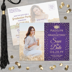 2 Photo Graduation Save the Date Purple and Gold Announcement Postcard