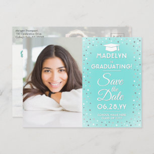 2 Photo Graduation Save the Date Teal Faux Silver Announcement Postcard