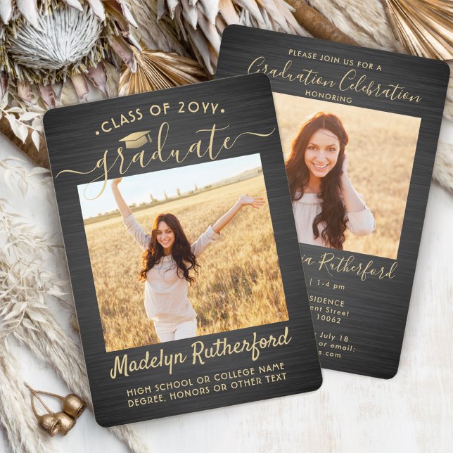 2 Photo Graduation Script Brushed Black and Gold Invitation (Creator Uploaded)