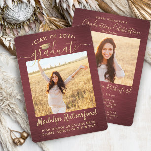 2 Photo Graduation Script Brushed Burgundy & Gold Invitation