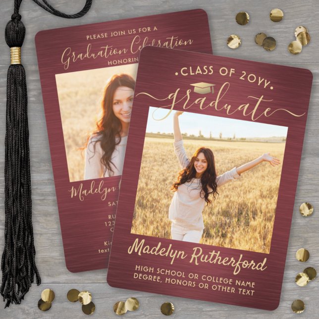 2 Photo Graduation Script Brushed Burgundy & Gold Invitation (Creator Uploaded)