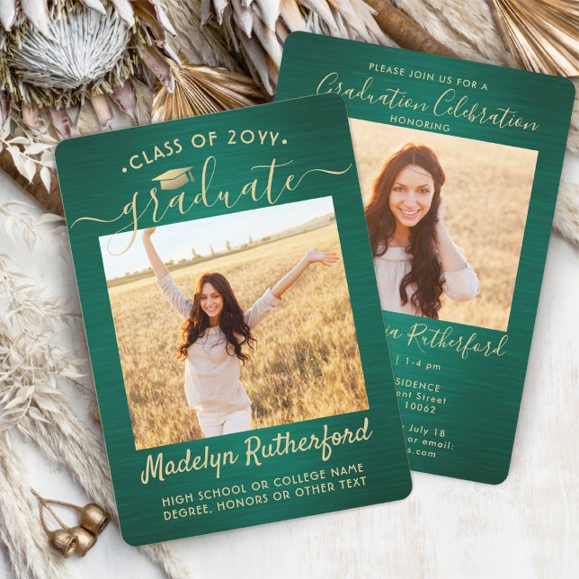 2 Photo Graduation Script Brushed Green and Gold Invitation (Creator Uploaded)