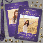 2 Photo Graduation Script Brushed Purple and Gold Invitation<br><div class="desc">Share the joy of a high school or college graduation and invite family and friends to celebrate with these custom 2 photo purple and gold party invitations. All pictures and wording are simple to personalise. (IMAGE PLACEMENT TIP: An easy way to centre a picture exactly how you want is to...</div>