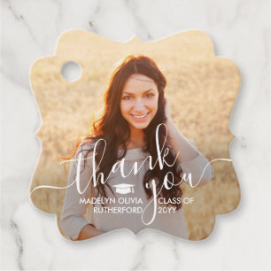 2 Photo Graduation Thank You White Script Fancy Favour Tags