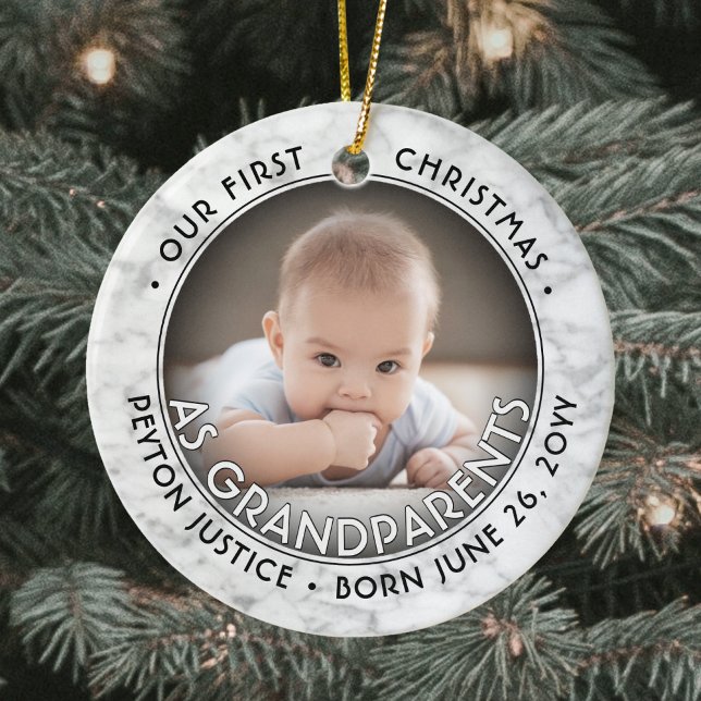 2 Photo Grandparents First Christmas Faux Marble Ceramic Tree Decoration (Creator Uploaded)