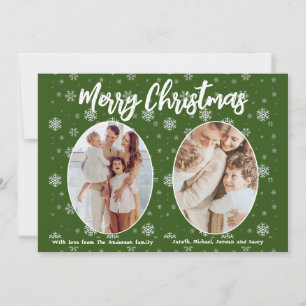 2 Photo Green Snowflakes Modern Merry Christmas Holiday Card