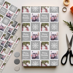 2 Photo Grey Neutrals Merry Christmas Snowflakes Wrapping Paper Sheet
