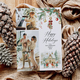 2 Photo Happy Holidays Cute Carolers Winter Scene Holiday Card