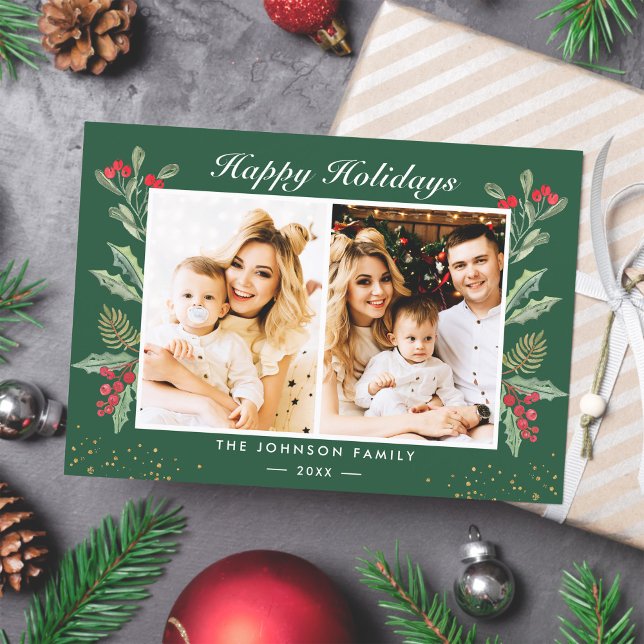 2 Photo Happy Holidays Holly Berries Christmas Holiday Card (Creator Uploaded)