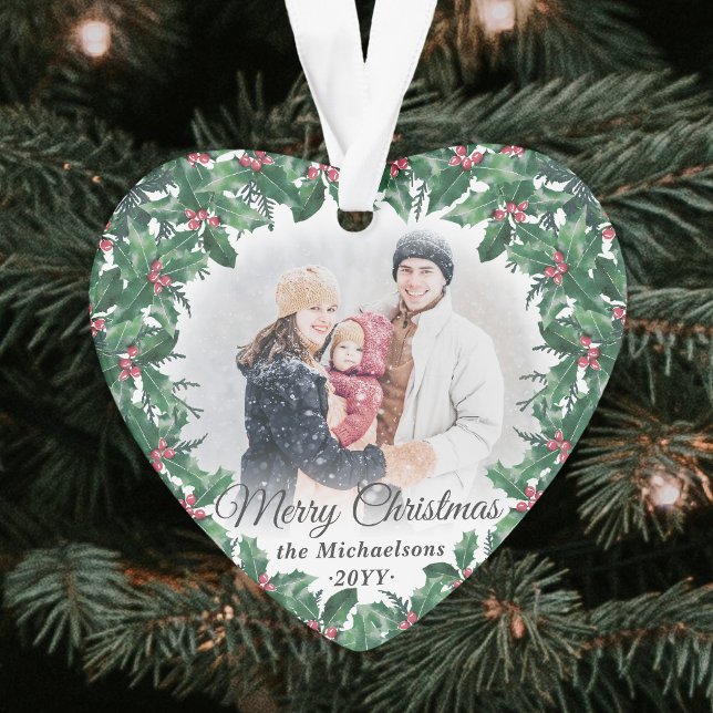 2 Photo Holly Greenery Wreath Merry Christmas Ornament (Creator Uploaded)