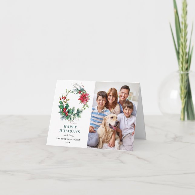2 PHOTO Holly Poinsettia Wreath Christmas Greeting Holiday Card (Front)