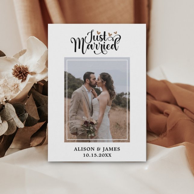 2 Photo Just Married Modern Script Heart Wedding  Announcement (Creator Uploaded)