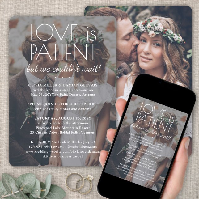 2 Photo Love is Patient Wedding Reception White Invitation (Creator Uploaded)