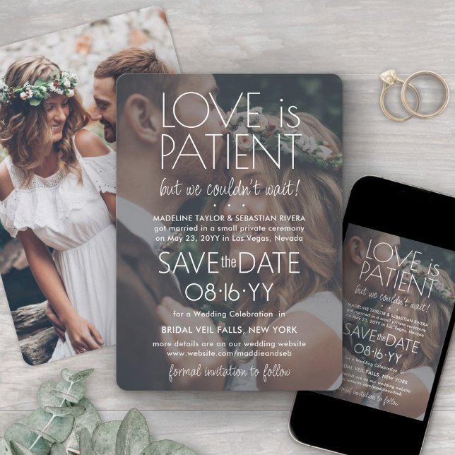 2 Photo Love is Patient Wedding Reception White Save The Date (Creator Uploaded)