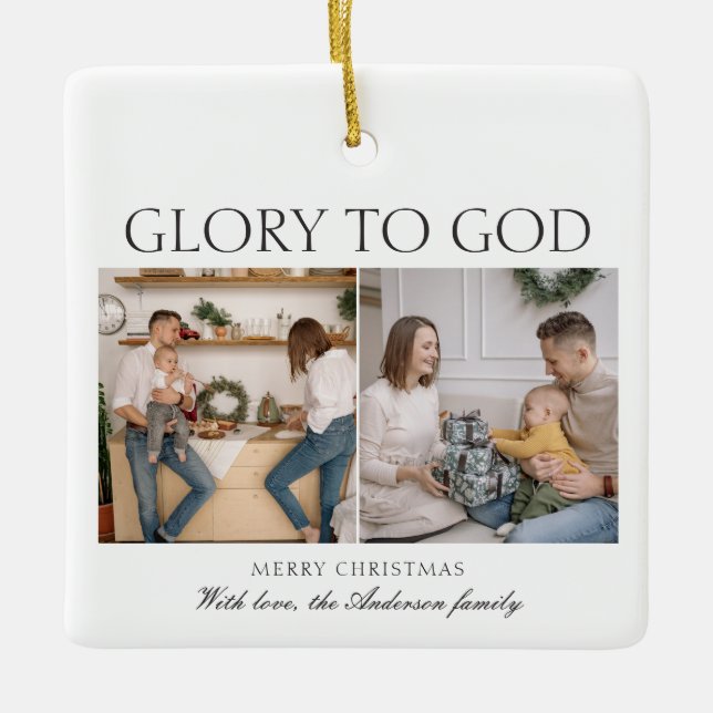 2 Photo Luke 2:14 Glory to God Bible Christmas Ceramic Ornament (Front)