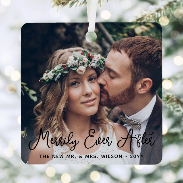 2 Photo Merrily Ever After Newlyweds 1st Christmas Metal Tree Decoration (Creator Uploaded)