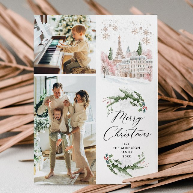 2 Photo Merry Christmas Elegant Winter Paris Scene Holiday Card (Creator Uploaded)