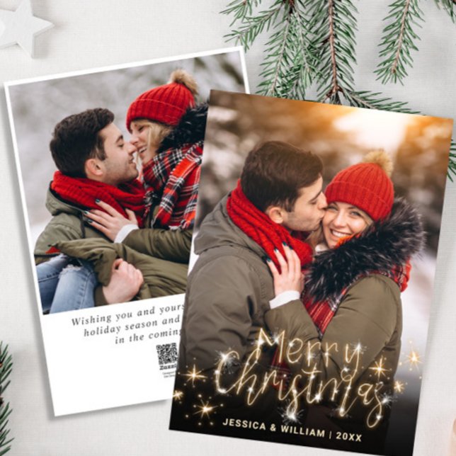 2 PHOTO Merry Christmas Gold Sparkle Greeting Holiday Card (Creator Uploaded)
