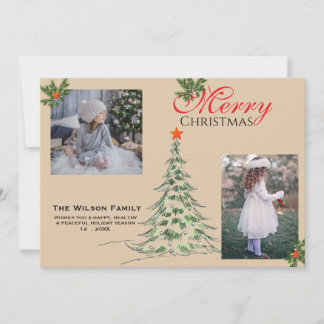 2 Photo Merry Christmas & Greenery Branches Holiday Card