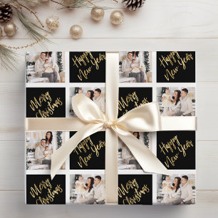 2 Photo Merry Christmas Happy New Year Gold Script Wrapping Paper