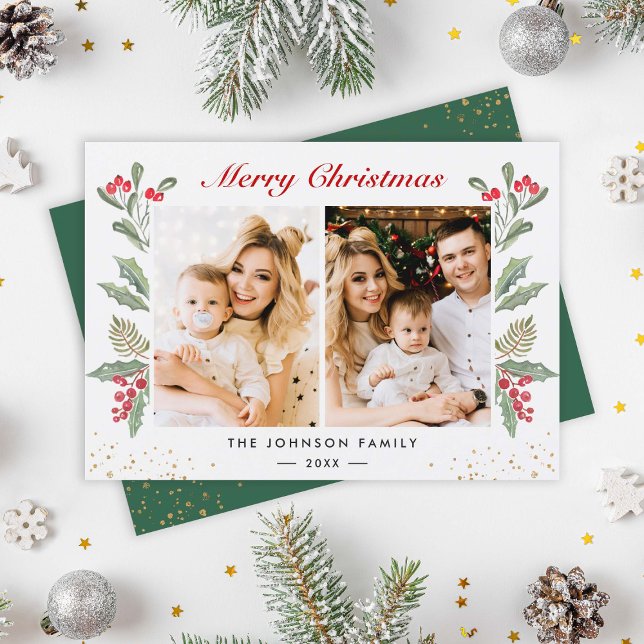 2 Photo Merry Christmas Holly Berries Greenery Holiday Card (Creator Uploaded)