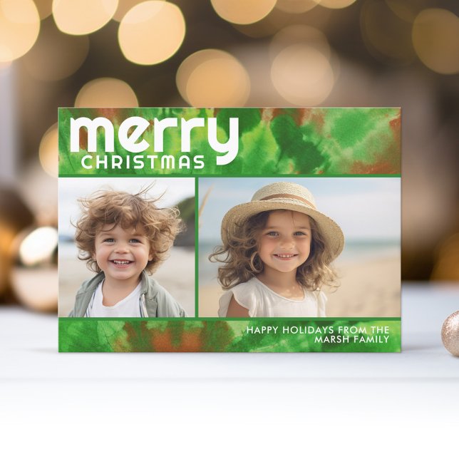 2 Photo- Merry Christmas - Tie-Dye Red Green Holiday Card (A funky tie dye design with 2 Christmas photos. Online and download options available.)