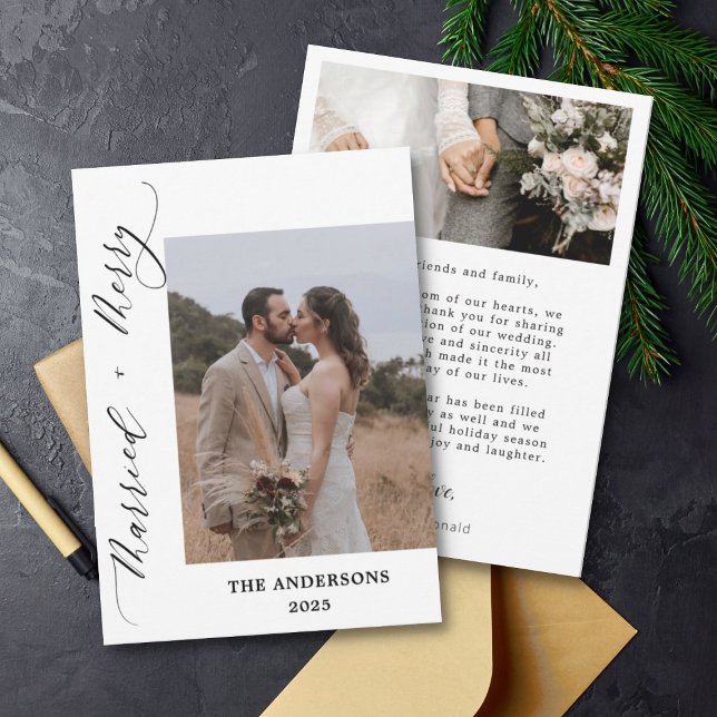 2 Photo Merry Married Script Wedding Christmas Thank You Card (Creator Uploaded)