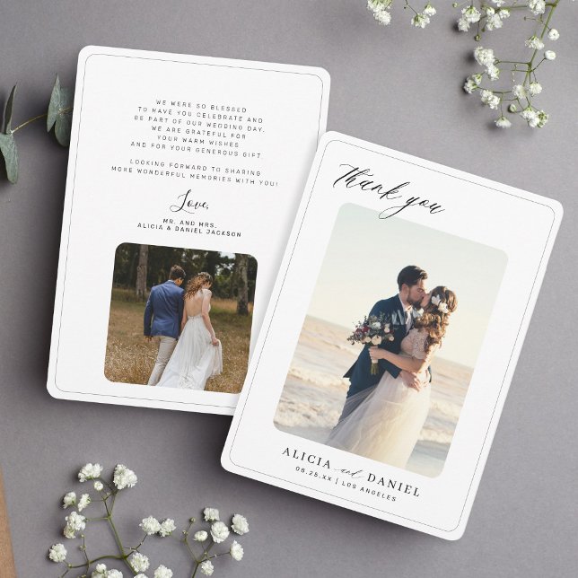 2 photo minimalist elegant typography wedding thank you card (Creator Uploaded)