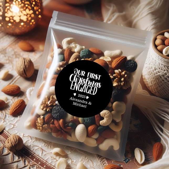 2 Photo Minimalist First Christmas Engaged Classic Round Sticker (Creator Uploaded)