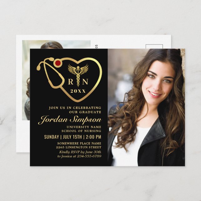 2 Photo Modern Black Gold Nursing Graduation  Invitation Postcard (Front/Back)