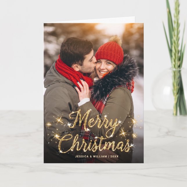 2 PHOTO Modern Golden Christmas Greeting Holiday Card (Front)
