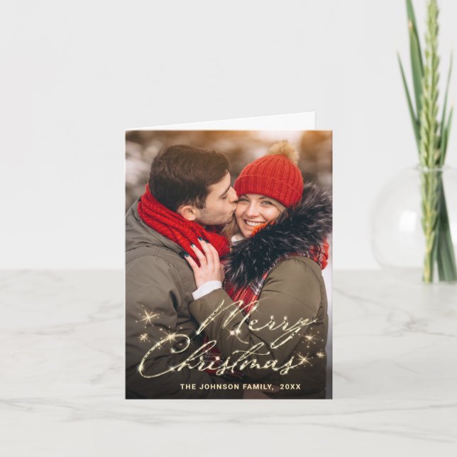 2 PHOTO Modern Golden Christmas Greeting Holiday Card (Front)