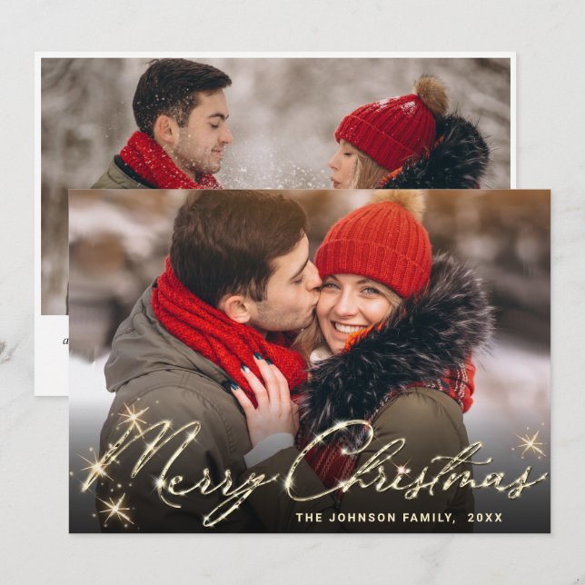 2 PHOTO Modern Golden Christmas Greeting Holiday Card (Front/Back)