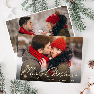 2 PHOTO Modern Golden Christmas Greeting Holiday Card
