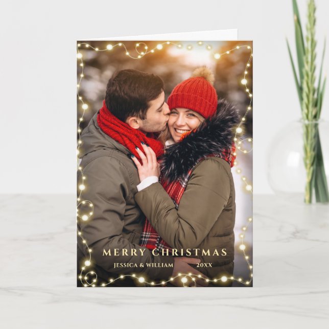 2 PHOTO Modern Golden Christmas Greeting Holiday Card (Front)