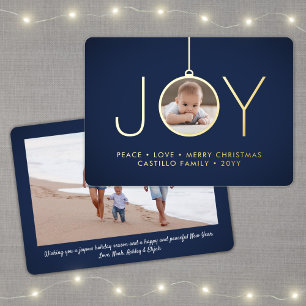 2 Photo Modern Joy Christmas Ornament Navy & Gold